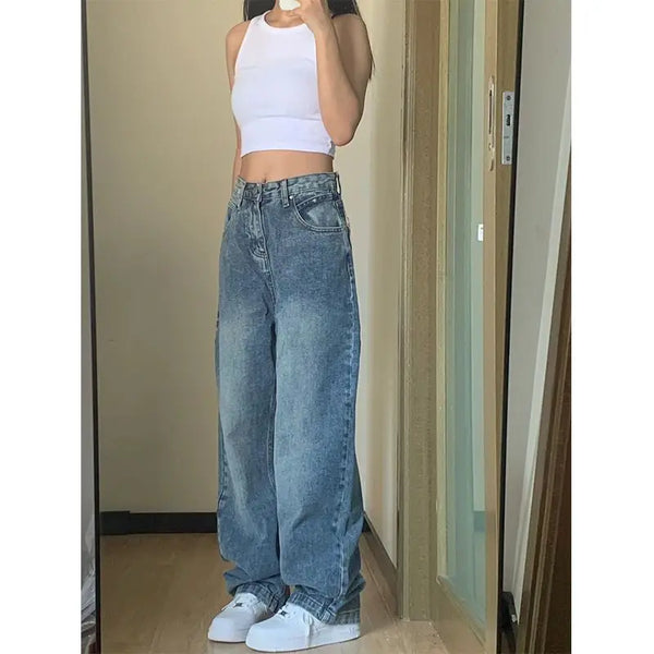 HOUZHOU Y2K Womens Distressed Baggy Jeans Vintage Gyaru Style