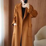 GETADME 100% Wool Coat Women's Wear 2025 Autumn/Winter Fashion Temperament Double sided Cashmere Coats with Belt Elegant Long Overcoat