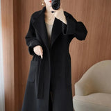 GETADME 100% Wool Coat Women's Wear 2025 Autumn/Winter Fashion Temperament Double sided Cashmere Coats with Belt Elegant Long Overcoat