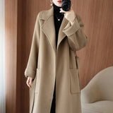 GETADME 100% Wool Coat Women's Wear 2025 Autumn/Winter Fashion Temperament Double sided Cashmere Coats with Belt Elegant Long Overcoat