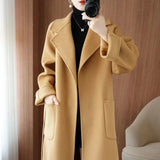 GETADME 100% Wool Coat Women's Wear 2025 Autumn/Winter Fashion Temperament Double sided Cashmere Coats with Belt Elegant Long Overcoat