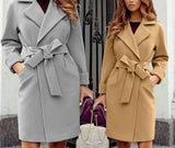 GETADME 2024 Autumn and Winter Women's Fashionable Slim Fit Temperament Woolen Coat, Suit Collar Belt Slim Tie Long-sleeved Woolen Coat