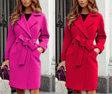 GETADME 2024 Autumn and Winter Women's Fashionable Slim Fit Temperament Woolen Coat, Suit Collar Belt Slim Tie Long-sleeved Woolen Coat