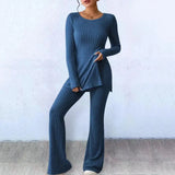 GETADME 2025 Fall Winter Knitted 2 Piece Suits Women Long Sleeve Ribbed Slit Long Top and High Waist Pencil Pants Set Fashion Outfit