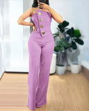 GETADME 2025 Asymmetrical Bandeau Strapless Jumpsuit Metal Button Decor Casual Overalls