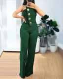 GETADME 2025 Asymmetrical Bandeau Strapless Jumpsuit Metal Button Decor Casual Overalls