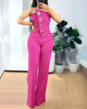 GETADME 2025 Asymmetrical Bandeau Strapless Jumpsuit Metal Button Decor Casual Overalls