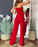 GETADME 2025 Asymmetrical Bandeau Strapless Jumpsuit Metal Button Decor Casual Overalls