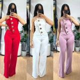 GETADME 2025 Asymmetrical Bandeau Strapless Jumpsuit Metal Button Decor Casual Overalls