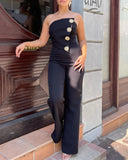 GETADME 2025 Asymmetrical Bandeau Strapless Jumpsuit Metal Button Decor Casual Overalls