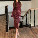 Getadme 2024 Autumn New Streetwear O-neck Solid Color All Match Long Sleeve T-Shirt Women + High Waist Sexy Leather Skirt Two-piece Suit