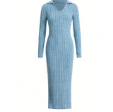 GETADME 2024 Europe And The United States Autumn And Winter New Knitted Slim-Fit Lapel Long Sleeve Pit Strip Solid Color Tight Dress