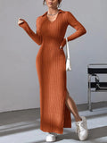 GETADME 2024 Europe And The United States Autumn And Winter New Knitted Slim-Fit Lapel Long Sleeve Pit Strip Solid Color Tight Dress