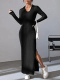 GETADME 2024 Europe And The United States Autumn And Winter New Knitted Slim-Fit Lapel Long Sleeve Pit Strip Solid Color Tight Dress