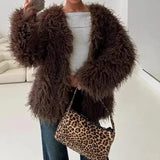 GETADME 2025 European and American Fashion Elegant Fur Imitation Fur Jacket Faux Fur Leather Jacket Chocolate Color Coat Women