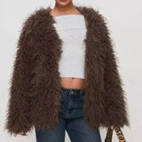 GETADME 2025 European and American Fashion Elegant Fur Imitation Fur Jacket Faux Fur Leather Jacket Chocolate Color Coat Women