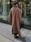 GETADME 2024 Retro Brown Scarf Collar Overcoat For Women Fashion Oversized Double-breasted Pockets Long Coat Female Chic Street Outwear