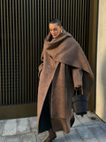 GETADME 2024 Retro Brown Scarf Collar Overcoat For Women Fashion Oversized Double-breasted Pockets Long Coat Female Chic Street Outwear