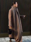 GETADME 2024 Retro Brown Scarf Collar Overcoat For Women Fashion Oversized Double-breasted Pockets Long Coat Female Chic Street Outwear