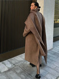 GETADME 2024 Retro Brown Scarf Collar Overcoat For Women Fashion Oversized Double-breasted Pockets Long Coat Female Chic Street Outwear