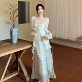 GETADME 2024 Spring New Slim Fit Ruffles Long Sleeve Tops Women+ Y2k Mid-length Flower Print Skirts  Chinese Style Two Piece Sets