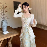 GETADME 2024 Spring New Slim Fit Ruffles Long Sleeve Tops Women+ Y2k Mid-length Flower Print Skirts  Chinese Style Two Piece Sets