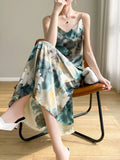 GETADME 2025 Spring and Summer New Women's Dress Colorful Flower Suspender Skirt Satin Silky Dress Cool and Comfortable