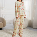 GETADME 2024 Women's New Casual Yellow Pajama Set Long Sleeve Button Shirt Pocket Flower Fruit Printed Loose Wide Leg Pants Pajama S-XXL