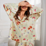 GETADME 2024 Women's New Casual Yellow Pajama Set Long Sleeve Button Shirt Pocket Flower Fruit Printed Loose Wide Leg Pants Pajama S-XXL