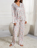 GETADME 2024 Women's New Casual Yellow Pajama Set Long Sleeve Button Shirt Pocket Flower Fruit Printed Loose Wide Leg Pants Pajama S-XXL