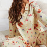 GETADME 2024 Women's New Casual Yellow Pajama Set Long Sleeve Button Shirt Pocket Flower Fruit Printed Loose Wide Leg Pants Pajama S-XXL