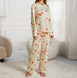 GETADME 2024 Women's New Casual Yellow Pajama Set Long Sleeve Button Shirt Pocket Flower Fruit Printed Loose Wide Leg Pants Pajama S-XXL