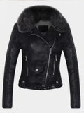 GETADME 2025 Hot Fashion Women New Winter Warm Faux Leather Jackets with Fur Collar Belt Ladies Thick Black Moto & Biker Outerwear Coats