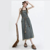 GETADME 2025 Spring New Vintage Denim Skirt Matching Set Women's Elegant Loose Hollow Knitted Shirt+Sexy Split Dress Two Piece Suit