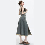 GETADME 2025 Spring New Vintage Denim Skirt Matching Set Women's Elegant Loose Hollow Knitted Shirt+Sexy Split Dress Two Piece Suit