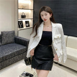 GETADME 2XL Fashion Milky White Blazer Suit Collar Small Fragrance Jacket High Quality Coarse Tweed Coat Black Wool Outerwear Woman Tops