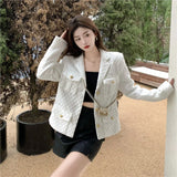 GETADME 2XL Fashion Milky White Blazer Suit Collar Small Fragrance Jacket High Quality Coarse Tweed Coat Black Wool Outerwear Woman Tops