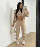 GETADME 3pcs Women's Clothing Set Fleece-lined Hooded Sweater &Sleeveless Tank Top & Sports Sweatpants Pants