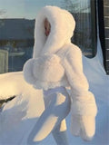 GETADME Absobe Winter Hooded White Snow Fur Jacket Women Solid Color Plush Loose Thick Crop Cardigan Coat American Streetwear