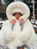 GETADME Absobe Winter Hooded White Snow Fur Jacket Women Solid Color Plush Loose Thick Crop Cardigan Coat American Streetwear