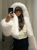 GETADME Absobe Winter Hooded White Snow Fur Jacket Women Solid Color Plush Loose Thick Crop Cardigan Coat American Streetwear