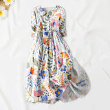 GETADME Adjustable Waist Dress Floral Print A-line Midi Dress with Belted Waist Turn-down Collar for Women Summer Vacation Style