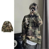 GETADME American Style Niche Graffiti Camouflage Sweatshirts Women and Men's High Street Retro Hip-hop Loose and Versatile Pullover Tops