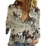 GETADME Autumn & Spring Long Sleeve Shirts For Women Elegant 3d Horse Printed Single-Breasted Lapel Tops 2024 New Button Basic Shirts