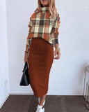 GETADME Autumn Winter Elegant Turtleneck T Shirt With Skirt Two Piece Sets For Women Fashion Long Sleeve Print T Shirts+pencil Dress Set