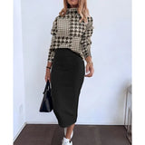 GETADME Autumn Winter Elegant Turtleneck T Shirt With Skirt Two Piece Sets For Women Fashion Long Sleeve Print T Shirts+pencil Dress Set