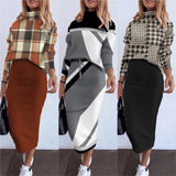 GETADME Autumn Winter Elegant Turtleneck T Shirt With Skirt Two Piece Sets For Women Fashion Long Sleeve Print T Shirts+pencil Dress Set