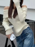 GETADME Autumn Winter Solid Color Rib Knitted Off the Shoulder Pullover Sweater Sexy Women Full Sleeve Slim Stretch Knitwear Jumper