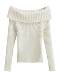 GETADME Autumn Winter Solid Color Rib Knitted Off the Shoulder Pullover Sweater Sexy Women Full Sleeve Slim Stretch Knitwear Jumper