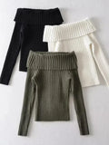 GETADME Autumn Winter Solid Color Rib Knitted Off the Shoulder Pullover Sweater Sexy Women Full Sleeve Slim Stretch Knitwear Jumper